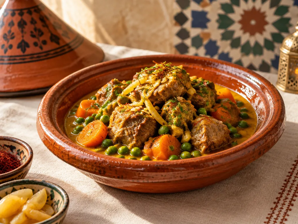 Agneau mijoté aux petits pois et carottes dans une sauce tomate