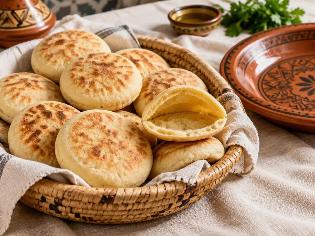 Petits pains batbout marocains gonflés et dorés à la plancha, dont un ouvert en poche