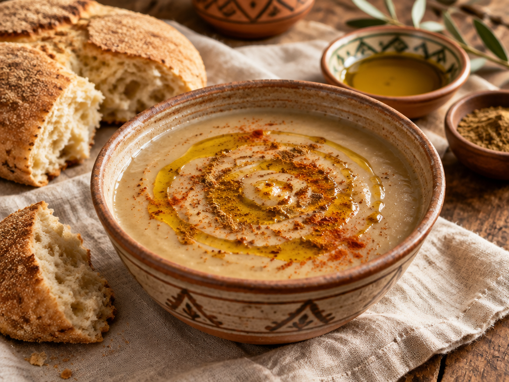 Bissara, soupe marocaine de fèves nappée d’huile d’olive et de cumin