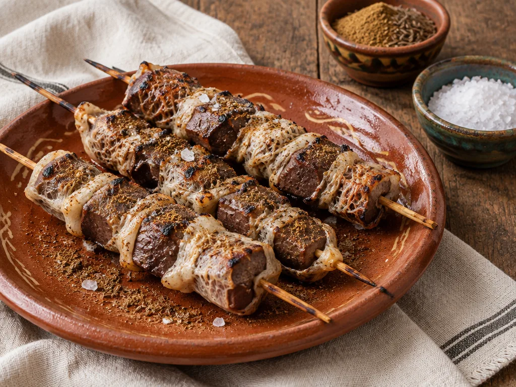 Boulfaf, brochettes de foie enveloppé de crépine, spécialité de l'Aïd