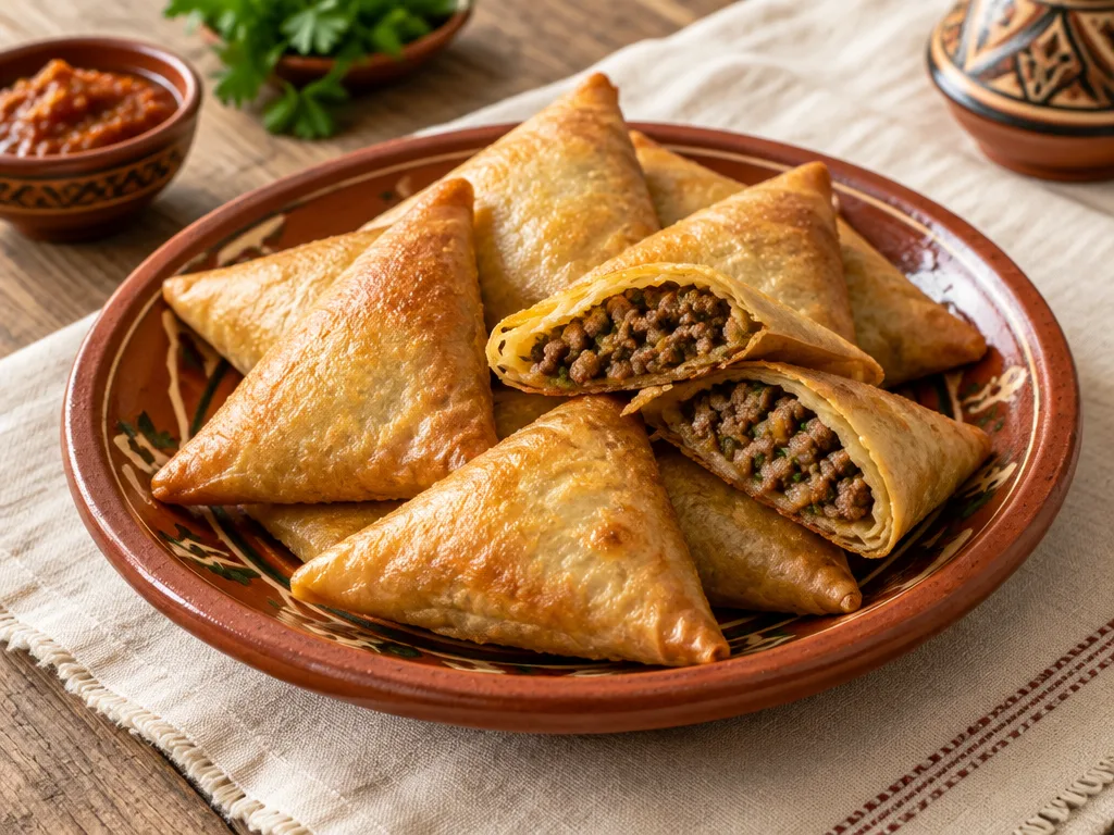 Briouates triangulaires à la viande hachée épicée