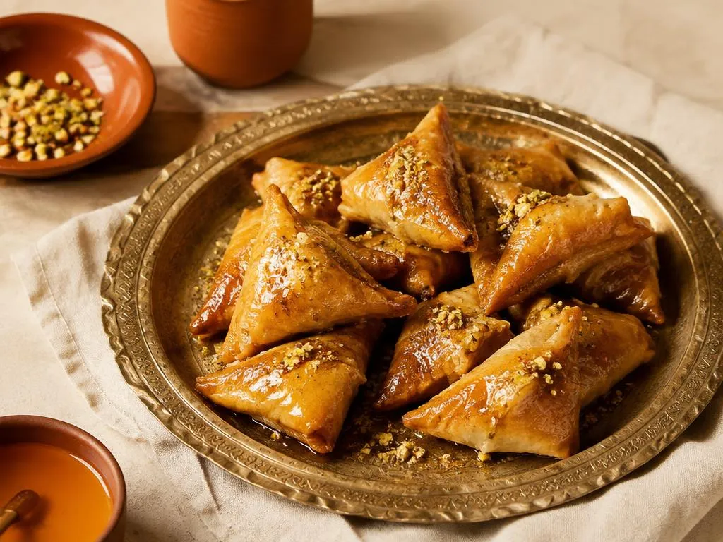 Briouates triangulaires dorées et brillantes de miel, farcies aux amandes, sur un plateau en laiton ciselé