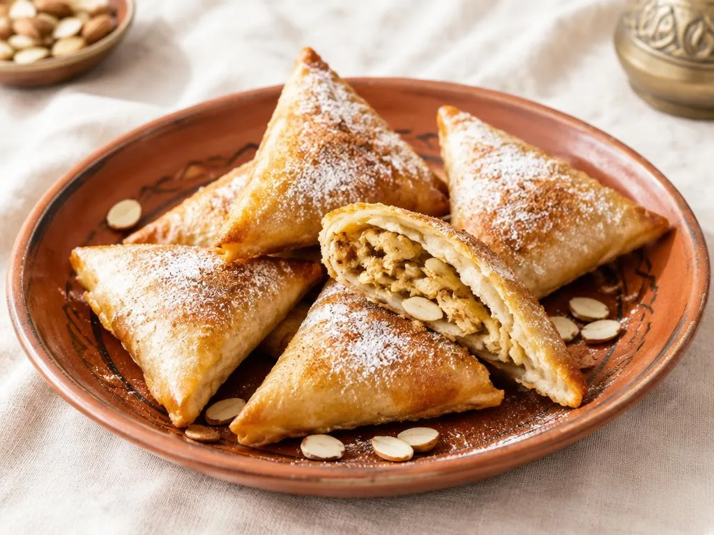 Pyramide de briouates dorées au poulet et amandes saupoudrées de cannelle et sucre glace