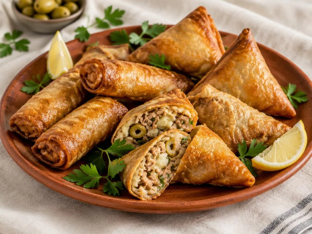 Briouates croustillantes au thon et olives dorées servies avec quartiers de citron