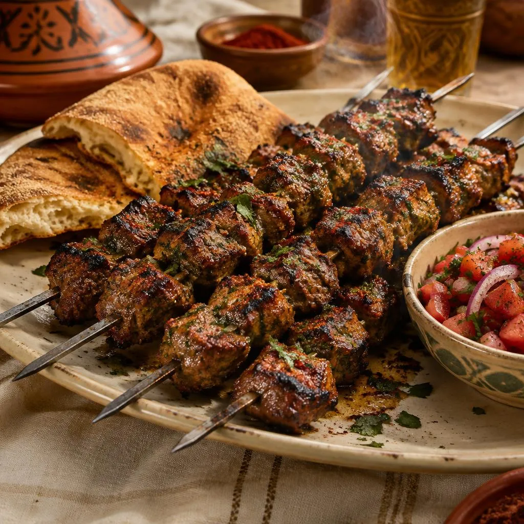 Brochettes d'agneau grillées sur charbon de bois, servies avec du khobz et une salade marocaine