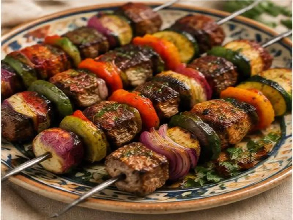 Brochettes marocaines mixtes de viande et légumes grillés