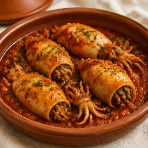 Calamars farcis marocains mijotés dans une sauce tomate épicée