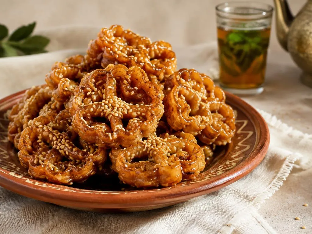 Chebakia marocaines en forme de fleur, enrobées de miel et parsemées de sésame, sur un plat en terre cuite à côté d'un verre de thé à la menthe