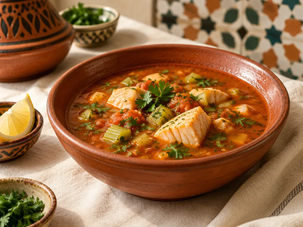 Bol de chorba hout, soupe de poisson marocaine épicée