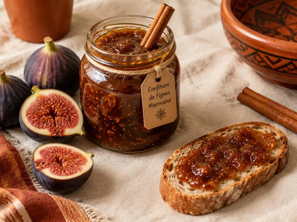 Confiture de figues maison à la cannelle dans un bocal en verre, figues fraîches et tartine à côté