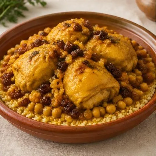 Couscous kadra de Fès, poulet, pois chiches et raisins secs au safran