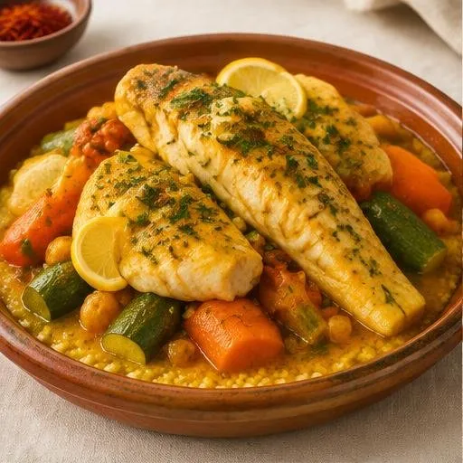Couscous au poisson façon Essaouira, semoule et légumes au safran