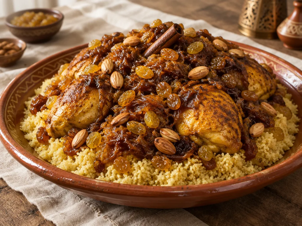 Couscous tfaya au poulet, nappé d’oignons caramélisés et de raisins secs
