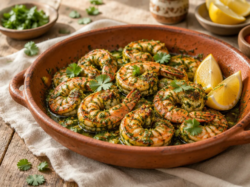 Crevettes marocaines marinées à la chermoula, saisies à la poêle