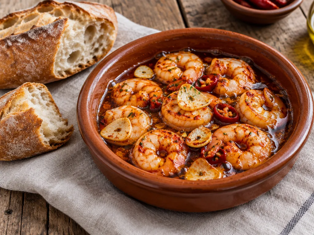 Crevettes pil-pil marocaines mijotant dans une petite poêle en terre