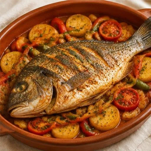 Dorade entière marocaine au four, sur un lit de légumes