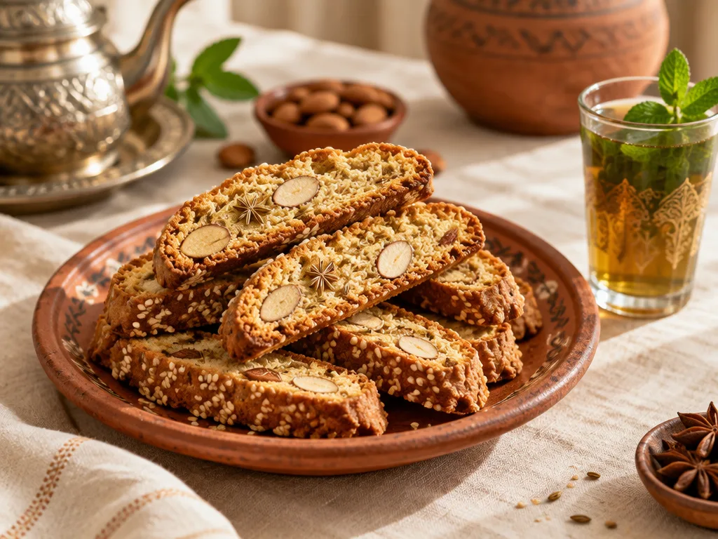 Tranches de fekkas dorées aux amandes et graines de sésame, empilées sur une assiette en terre cuite