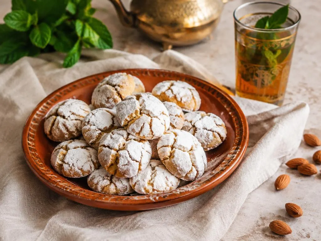 Ghribas aux amandes craquelées et enrobées de sucre glace sur un plat en terre cuite, avec un verre de thé à la menthe