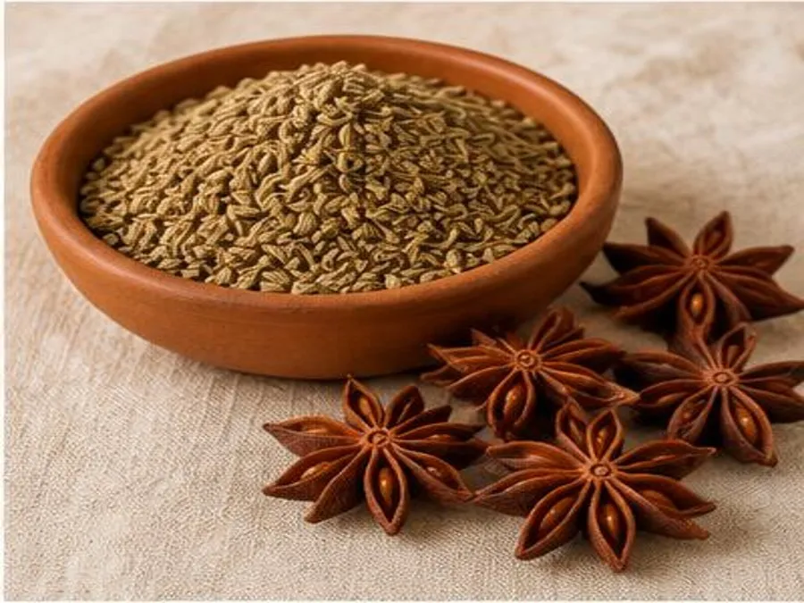 Graines d’anis dans un bol en terre avec quelques étoiles de badiane