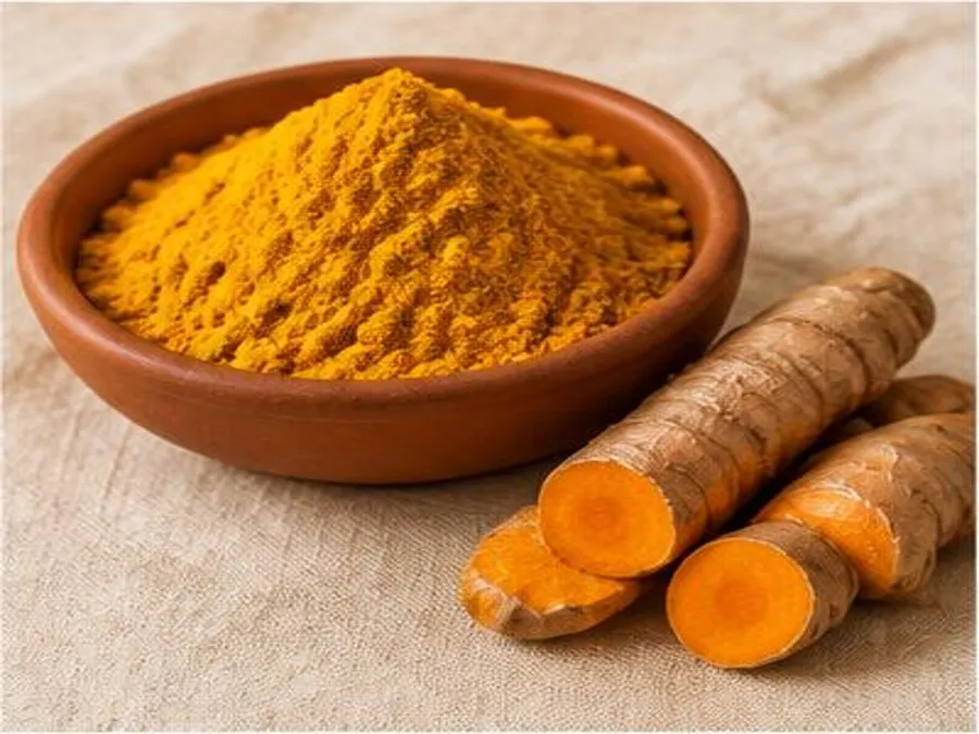 Curcuma moulu jaune et racines fraîches dans un bol en terre