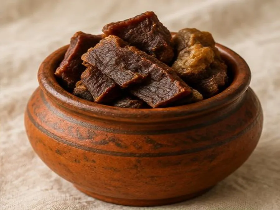 Morceaux de khlii, viande de bœuf séchée et confite, dans un pot en terre
