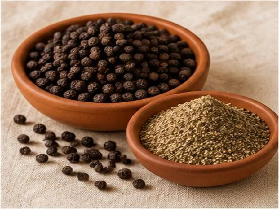 Grains de poivre noir et poivre moulu dans deux bols en terre