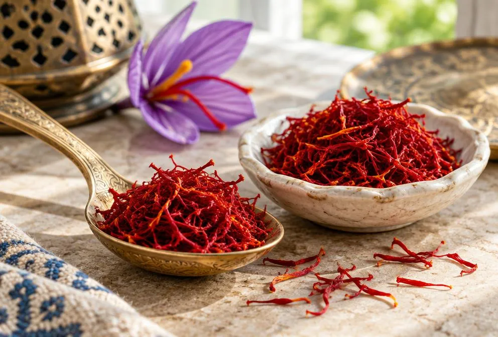Filaments de safran marocain dans une cuillère en laiton et une coupelle