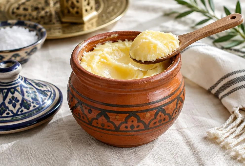 Smen marocain dans un petit pot traditionnel en terre cuite