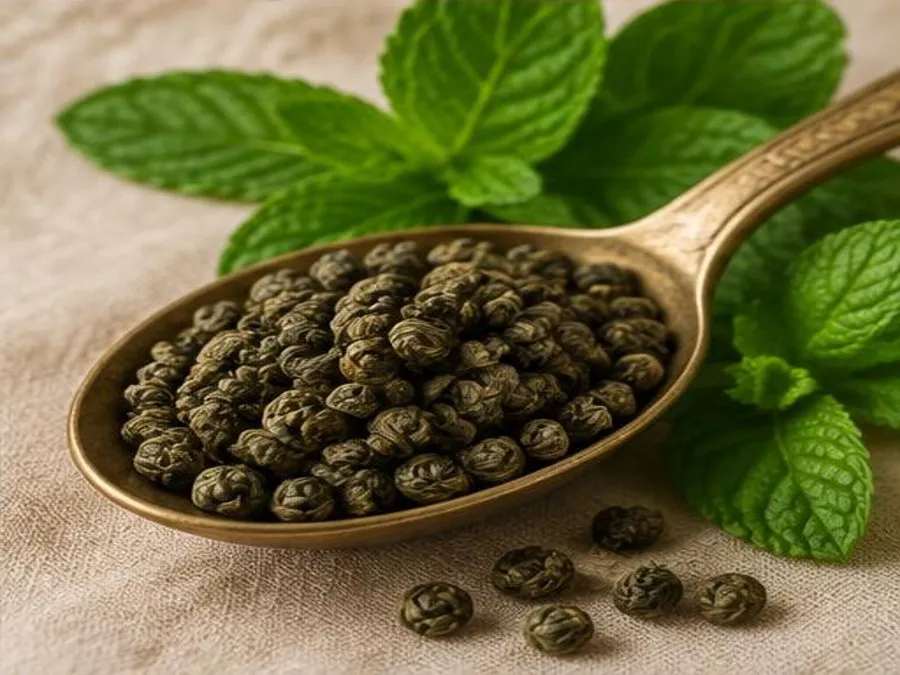 Perles de thé vert gunpowder dans une cuillère en laiton avec menthe fraîche