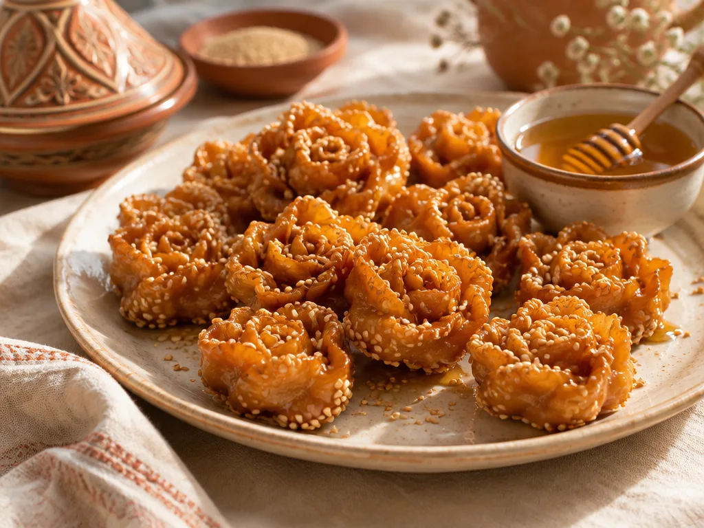Petites roses de pâte frite dorées et enrobées de miel, parsemées de graines de sésame