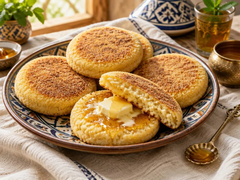 Galettes harcha marocaines de semoule dorées, servies chaudes avec beurre et miel