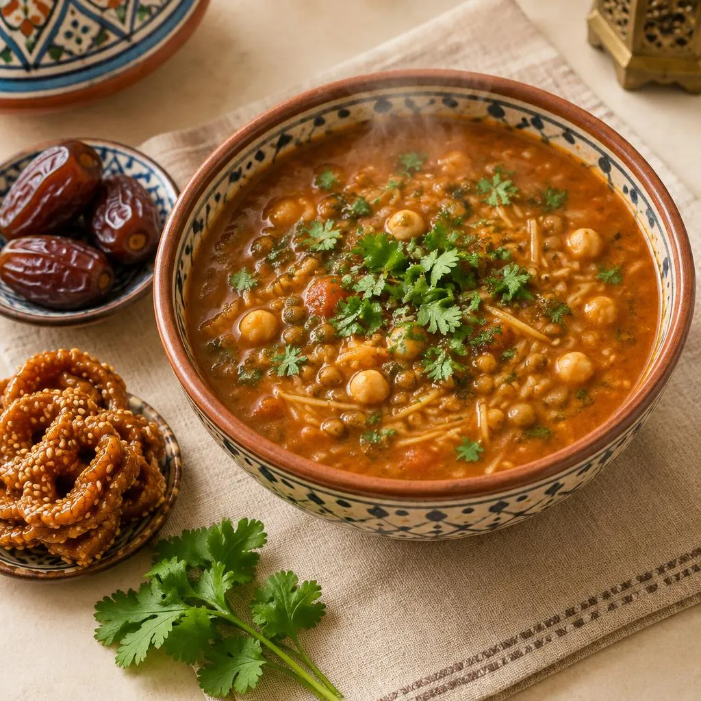 Bol de harira traditionnelle garnie de coriandre fraîche, servie avec des dattes et de la chebakia