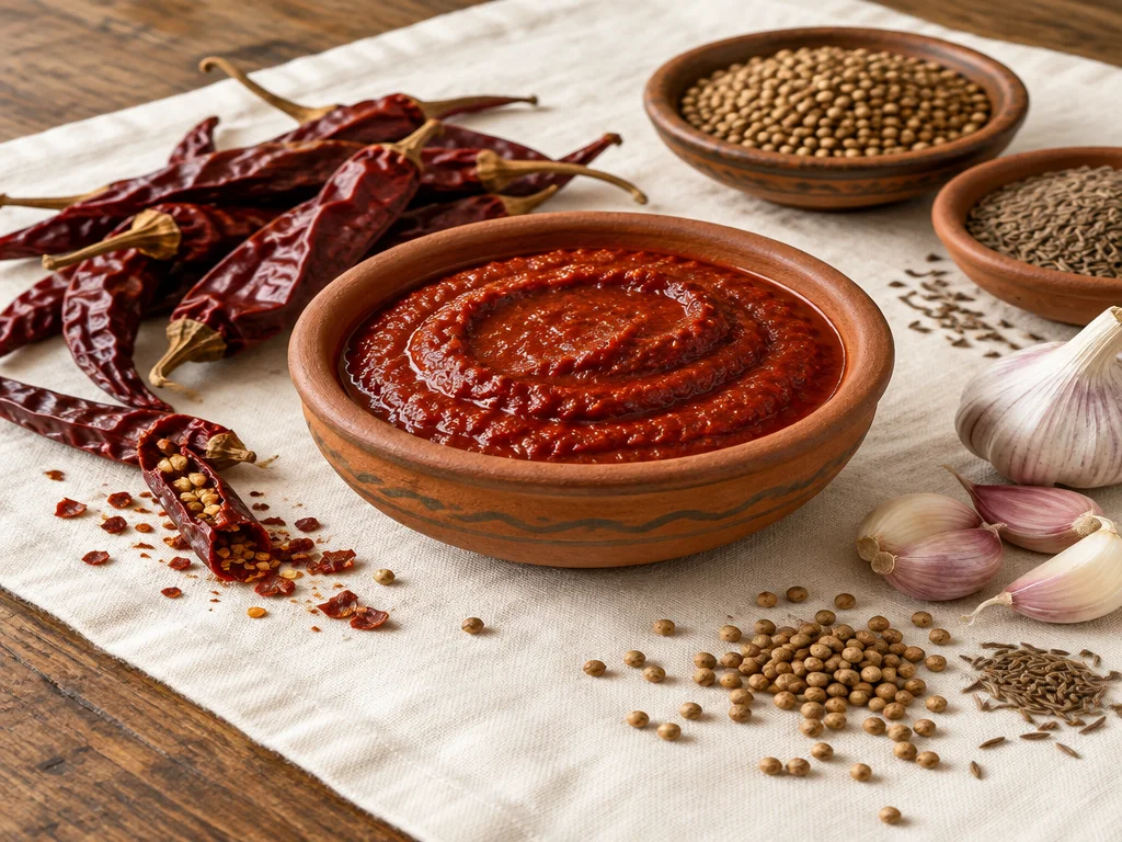 Bol de harissa rouge foncé avec filet d'huile d'olive