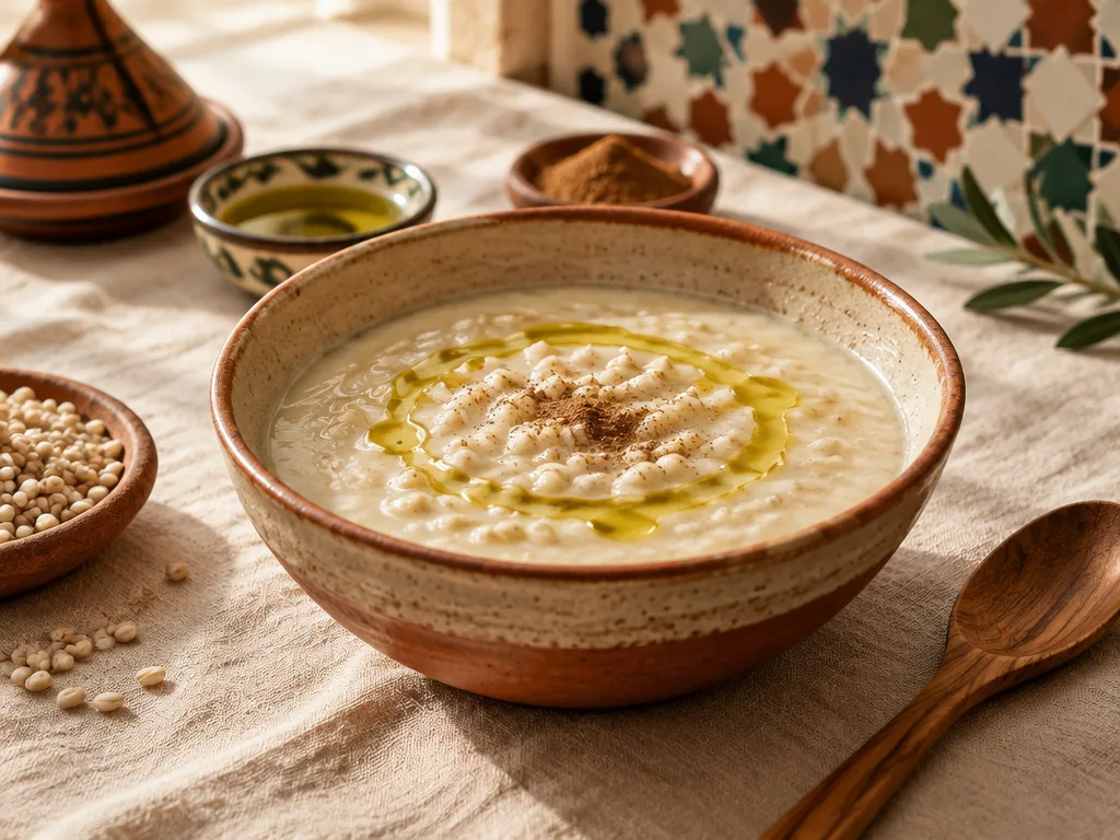 Bol de hssoua belboula, soupe d'orge marocaine fumante