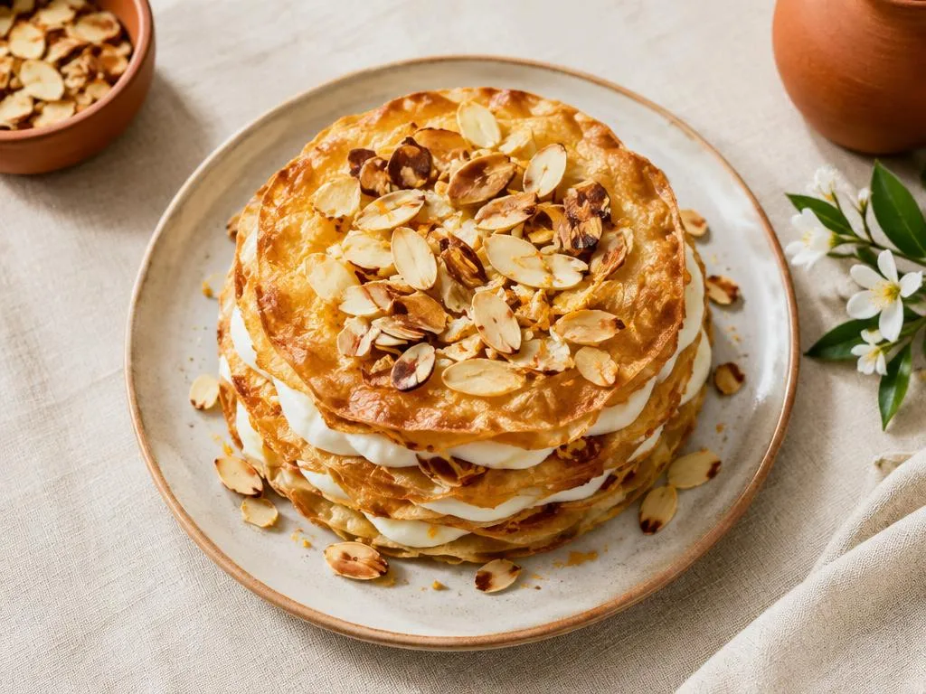Pastilla au lait Jawhara à plusieurs étages garnie de crème blanche et amandes grillées