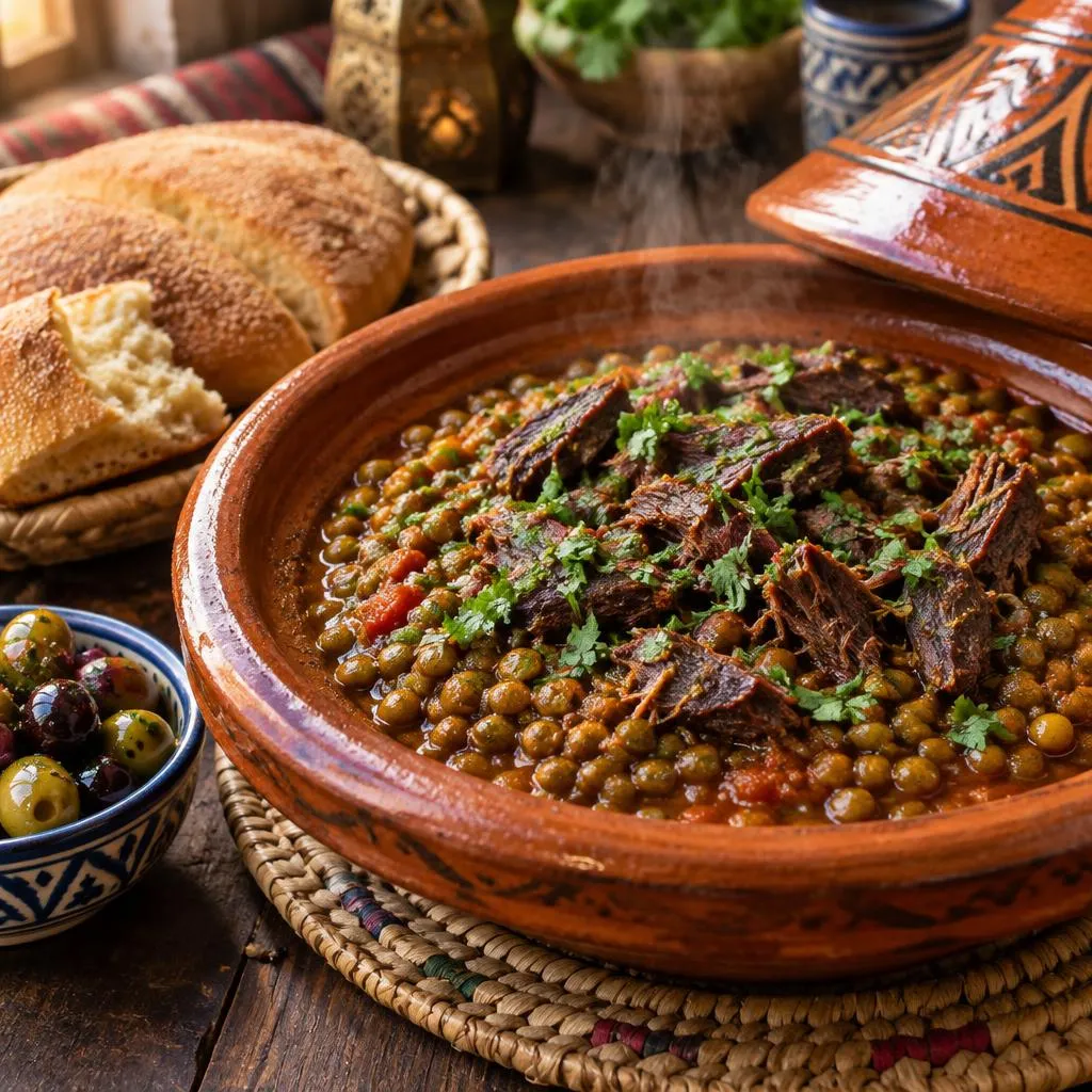 Lentilles mijotées au khlii, viande séchée et confite marocaine, servies avec du pain