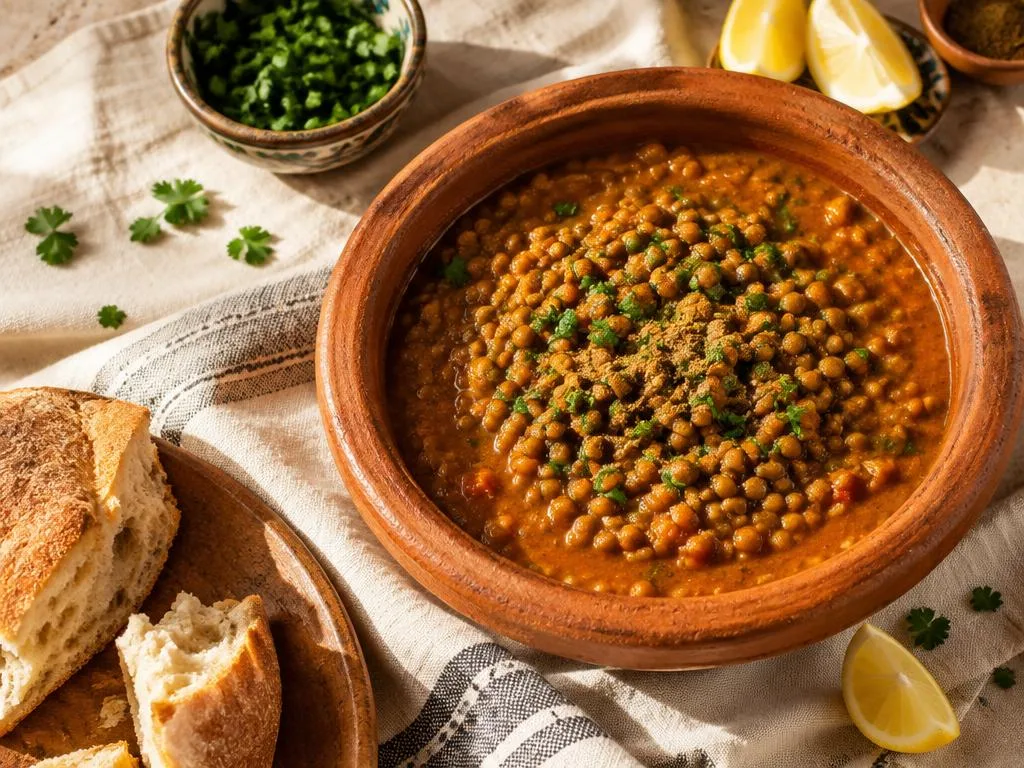 Lentilles mijotées orange-doré dans une marmite, garnies de persil et quartiers de citron