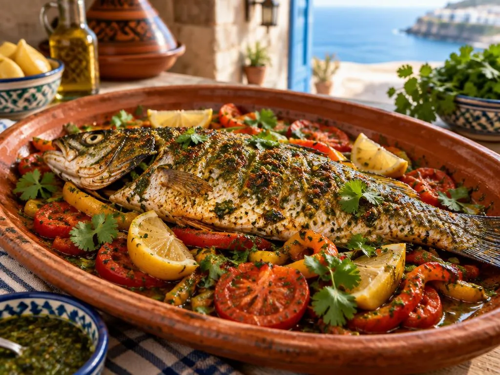 Loup de mer entier mariné à la chermoula, cuit avec poivrons et tomates, cuisine côtière marocaine