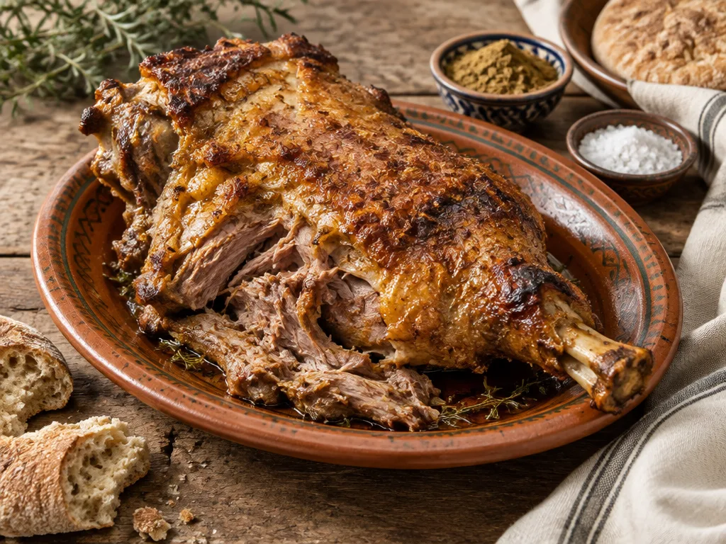 Méchoui d'agneau entier rôti, servi sur un grand plat avec cumin