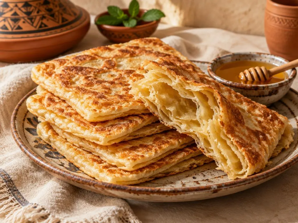 Msemen marocain doré et croustillant, ouvert sur ses fines couches feuilletées