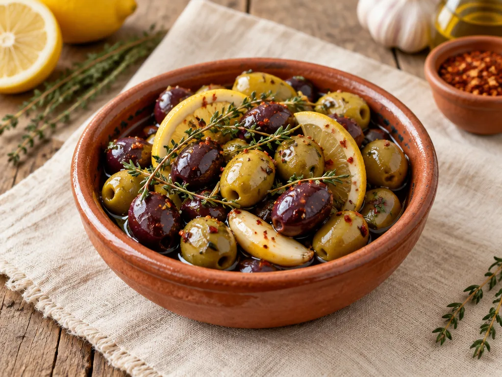 Bol d'olives marinées aux herbes et citron