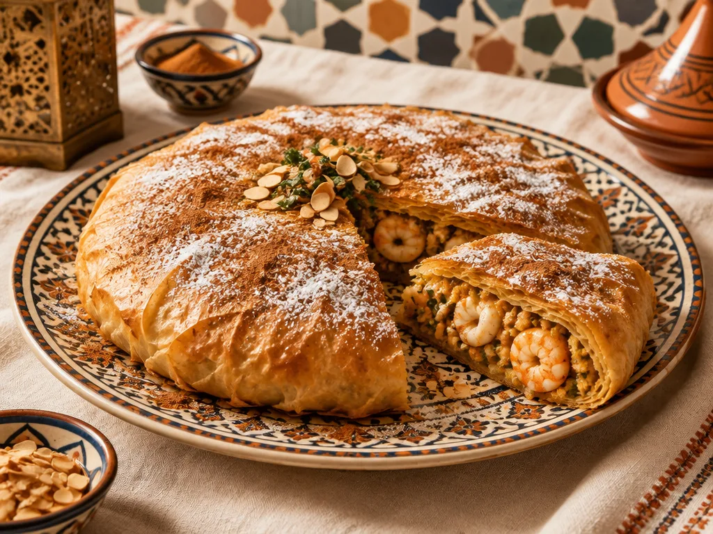 Pastilla aux fruits de mer dorée, tranchée pour servir