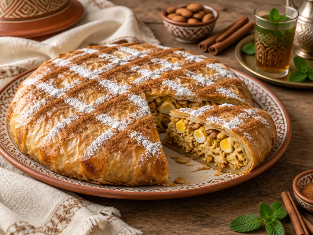 Pastilla au poulet et aux amandes saupoudrée de cannelle et de sucre glace, cuisine de Fès