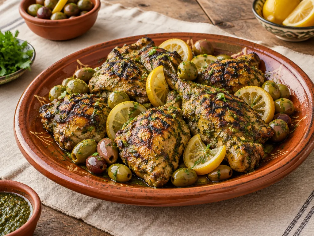 Poulet grillé mariné au chermoula, doré et servi avec citron