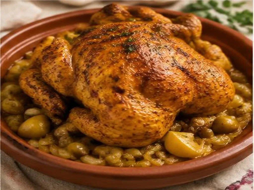 Poulet entier rôti épicé à la marocaine, peau dorée