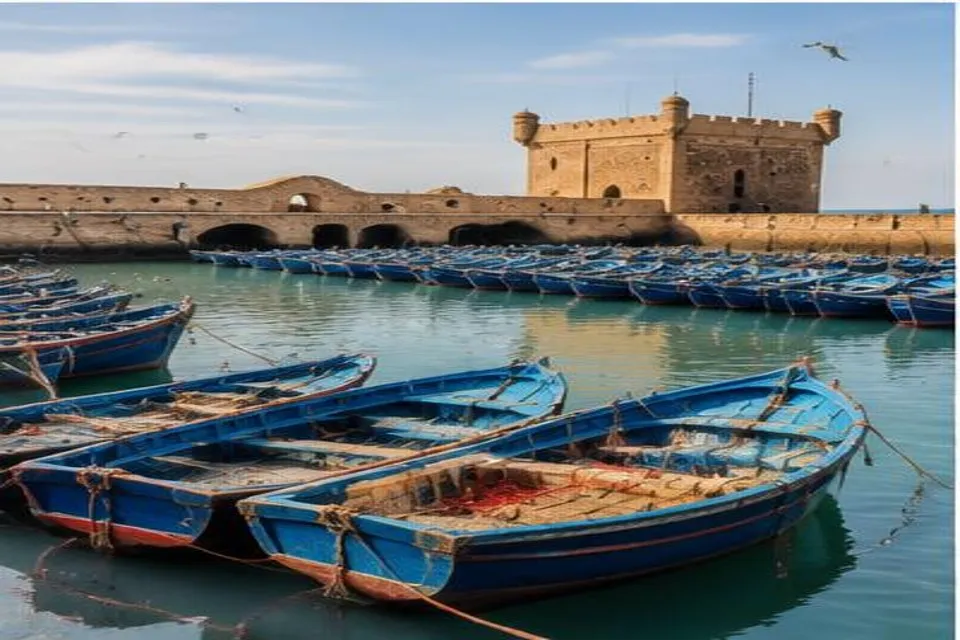 Barques bleues dans le port fortifié d’Essaouira sur la côte atlantique