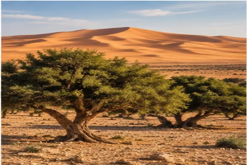 Arganiers devant les dunes dorées du sud marocain