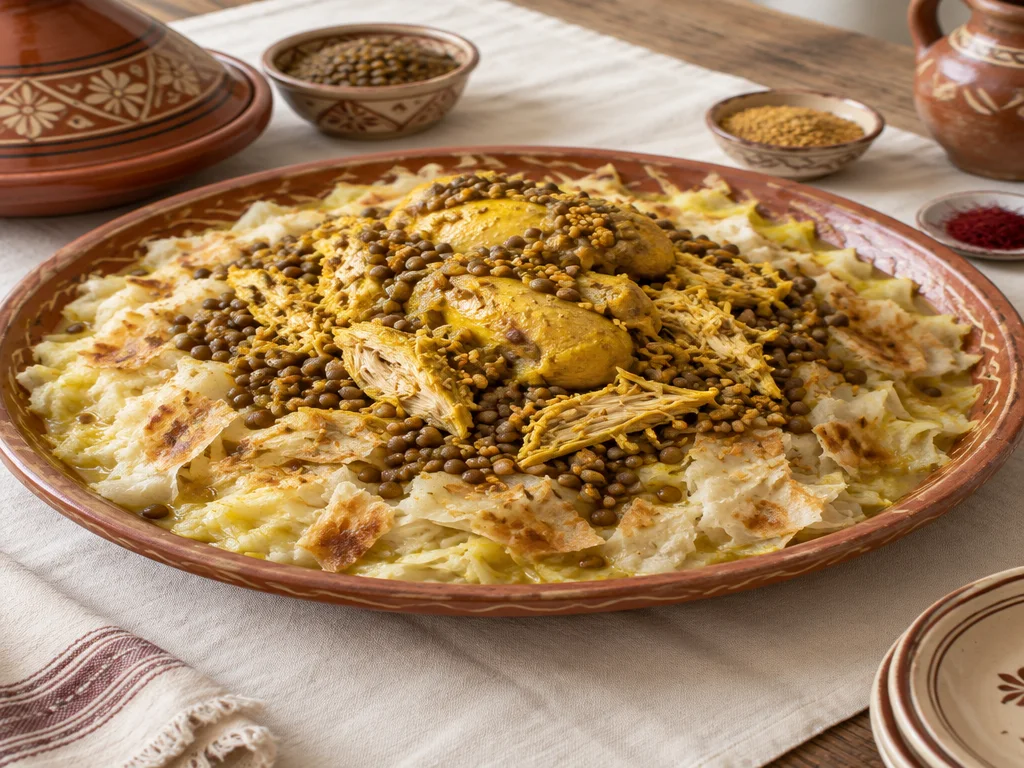 Rfissa traditionnelle avec msemen effiloché nappé de sauce au poulet, lentilles et fenugrec