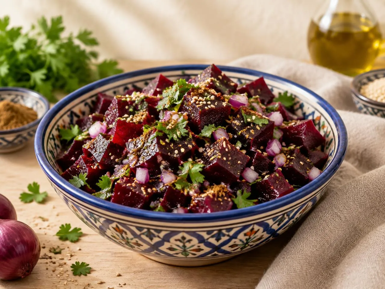 Salade de betteraves marocaine en dés, parfumée à la fleur d'oranger et au cumin, cuisine de Rabat