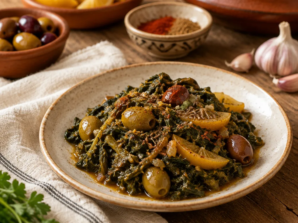 Salade tiède de mauve sauvage (bakoula), cuisine de Fès